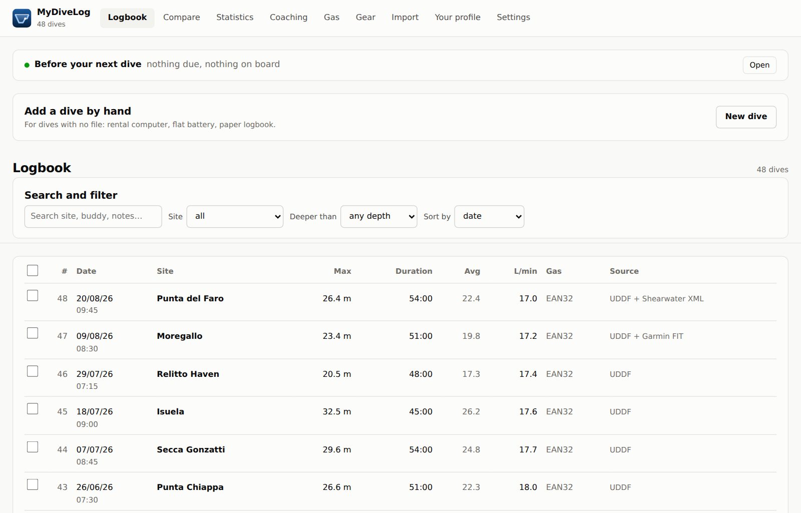 The MyDiveLog dive list: date, site, max depth, duration, RMV and where each dive came from.
